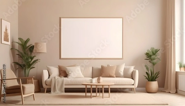 Obraz Horizontal poster frame mockup in cozy beige living room, 3d rendering