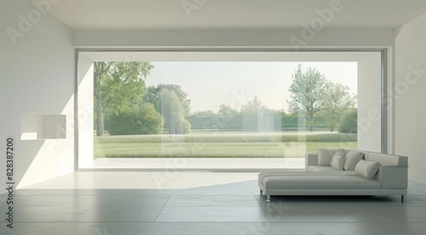 Fototapeta Minimalist living room in white color with a white loveseat, wide windows offering a view of a summer meadow, and modern touches 