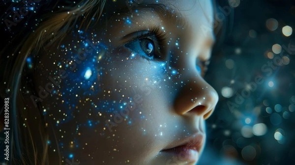 Obraz Double exposure portrait of a childs face intertwined with the night sky, capturing innocence and the wonder of the cosmos