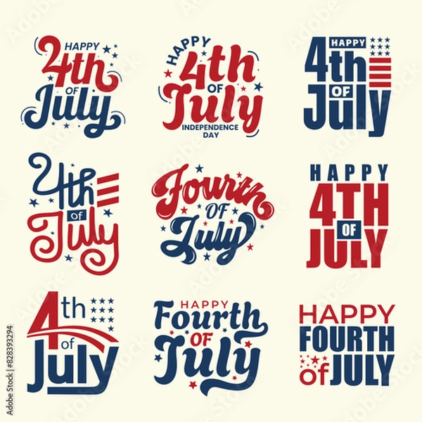 Fototapeta 4th of July typography designs set with stars and American flag. Red and blue color text for Fourth of July holiday celebration. US Independence Day clip-arts for print. Happy Fourth of July logo