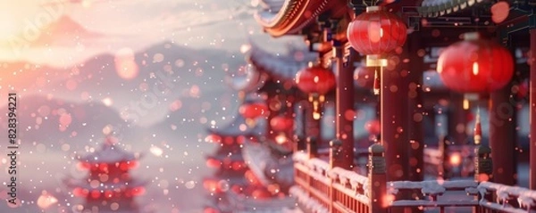 Fototapeta A beautiful scene of a mountain range with snow and red lanterns hanging from the buildings. The lanterns are lit up, creating a warm and inviting atmosphere. Concept of tranquility and wonder
