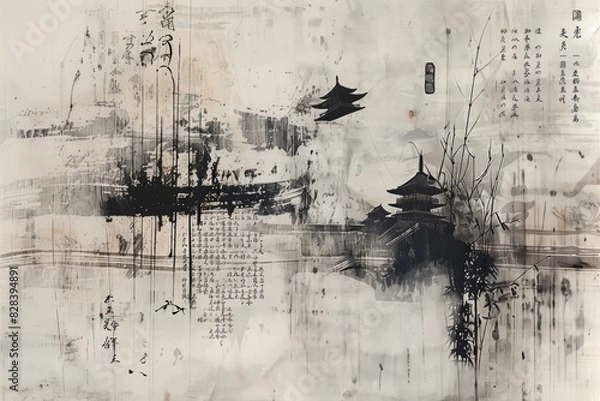 Obraz A painting of a city with a lot of writing in Chinese. The mood of the painting is serene and peaceful