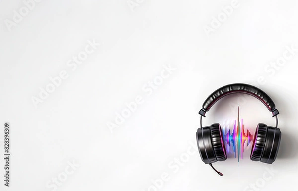 Fototapeta A pair of black earphones with a colorful soundwave spectrum visualizer between them, set against a clean white background