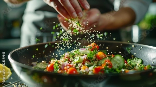 Fototapeta Chef Sprinkling Herbs on Fresh Vegetable Salad