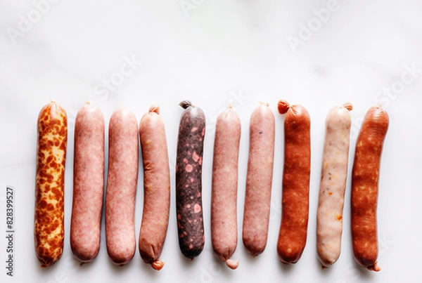 Fototapeta Various meat fresh sausages lie in a row, white background, isolate. AI generated.
