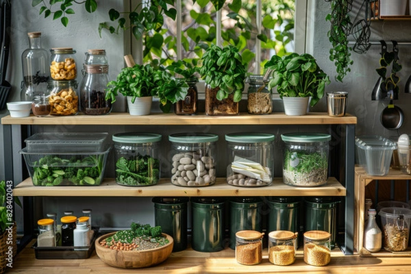 Fototapeta Eco-friendly household setup with a focus on recycling, composting, organic gardening, and using sustainable, biodegradable products.. AI generated.