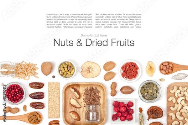 Fototapeta nuts and dried fruits on white background