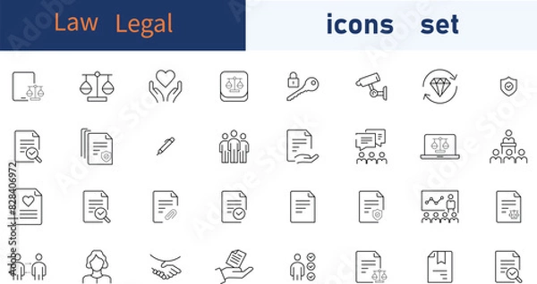 Fototapeta Law icons Pixel line icons set. linear style symbols collection, outline signs pack. vector graphics. Set includes icons as online attorney service, law book, agreement, contract, report, signature