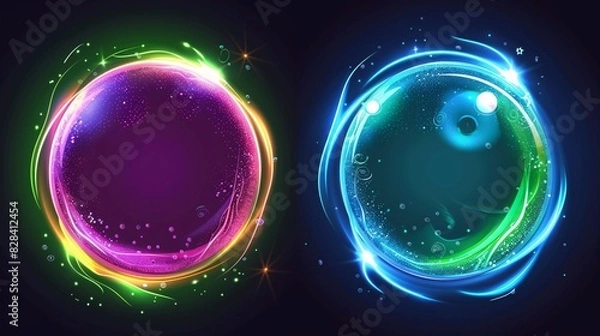 Fototapeta A mystical crystal orb with glowing energy, a fantasy sphere imbued with fire power, and a collection of 3D witchcraft bubbles in shades of green, purple, and blue.