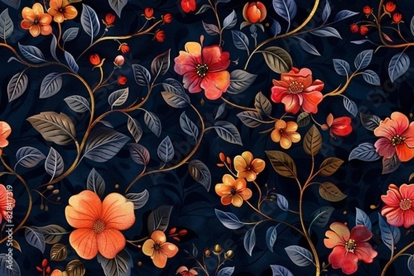 Fototapeta Flawless traditional mughal flower design on digital backdrop.