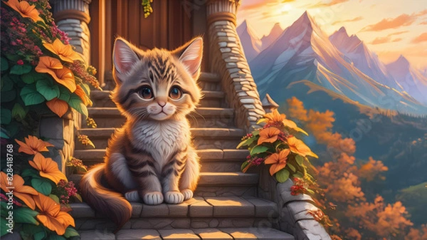 Obraz Mały kot, kotek siedzi na schodach przed wejściem do domu