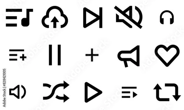 Fototapeta A Collection Of Music Application Vector Symbols Apps, Websites Ui Designs Suitable For Upload,Speaker,Track,Plus Set Vector Flat Line Icons