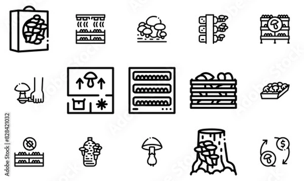 Fototapeta A Collection Of Mushroom Farm Plant Icons Silhouette Vector Logo Design Containing Farm,Vegetable,Growing,Mushroom-Farm,Mushroom Vector Illustration Linear Pictogram Pack