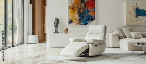 Fototapeta Minimalist living room with white walls, a sleek white recliner, and abstract art on the walls