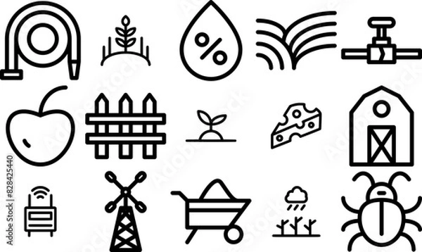 Fototapeta A Collection Of Farm Symbols Isolated Silhouette Solid Icons With Barrow,Fruit,Wheelbarrow,Farming,Plant Pictograms And Infographics Design Elements Vector Illustration