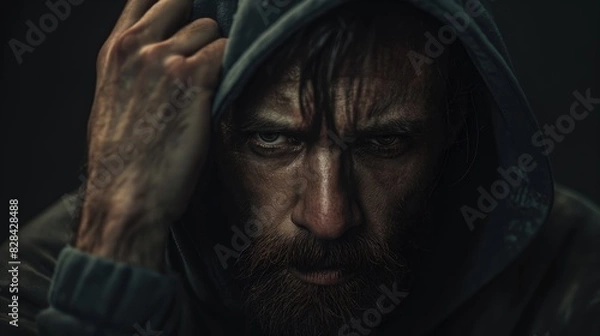 Fototapeta A man with a beard and a hoodie is looking down. He has his hands on his head