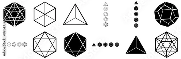 Fototapeta Set Of The Five Platonic Solids Isolated Silhouette Solid Icons With 3D,Platonic-Solids,Polyhedral,Geometry,Dice Vector Icon Set Linear Pictogram Pack