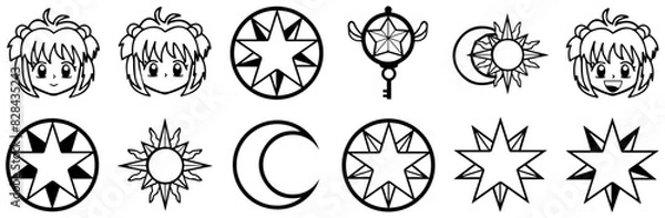 Fototapeta Set Of Sakura Card Captors Vector Symbols Apps, Websites Ui Designs Suitable For Anime,Symbol,Star,Cards,Magic Simple Black Style Symbol Sign For Apps And Website, Vector Illustration
