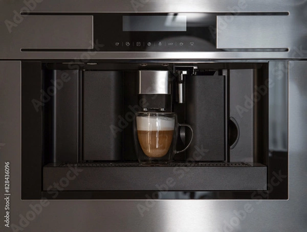 Fototapeta Built-in coffee machine making coffee in glass cup, front view