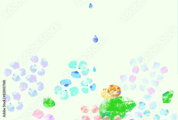 Obraz 雨　梅雨　アジサイ　カタツムリ　カラフル　背景　イラスト