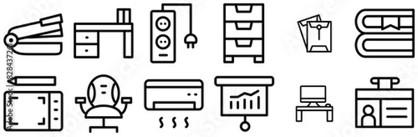 Fototapeta Set Of Linear Office And Work Room Icons Web Header Banner Design Containing Office,Document,Equipment,Hardware,Furniture Vector Icons Illustration Collection