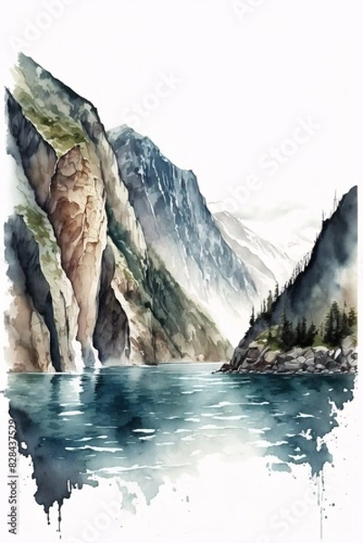 Fototapeta Serene Watercolor Landscape of Mountain Lake with Waterfall and Pine Trees