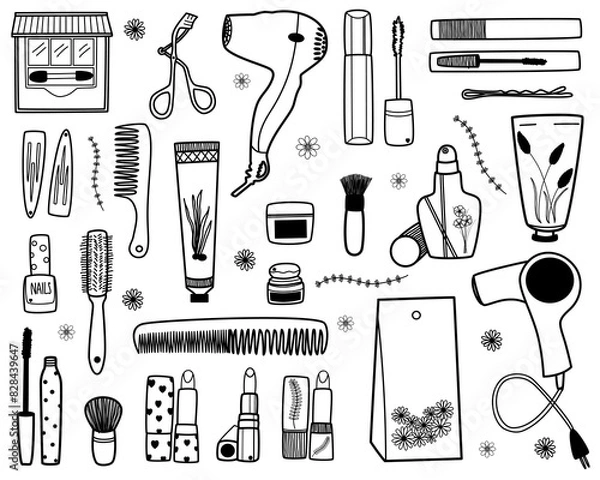 Obraz Hand drawn cosmetics, beauty and make up doodle set. Vector illustrations on white background design.