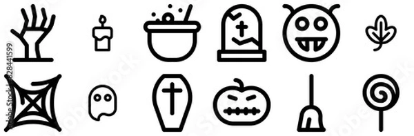 Fototapeta Set Of Linear Halloween Line Icons Web Header Banner Design Containing Candle,Broom,Lollipop,Cauldron,Halloween Set Vector Flat Line Icons