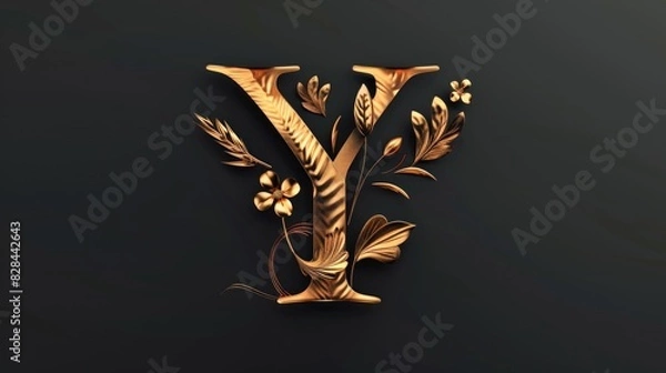Fototapeta A letter Y made of gold leaves and flowers, suitable for elegant designs
