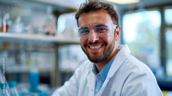 Fototapeta Smiling Male Scientist in Laboratory, Wearing Lab Coat, Scientific Research and Innovation