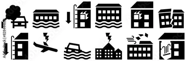 Fototapeta Set Of Linear Disasters Icons Collection Isolated Silhouette Solid Icons Including Incident,Building,Disasters,Disaster,Emergency Infographic Simple Vector Illustration Logo