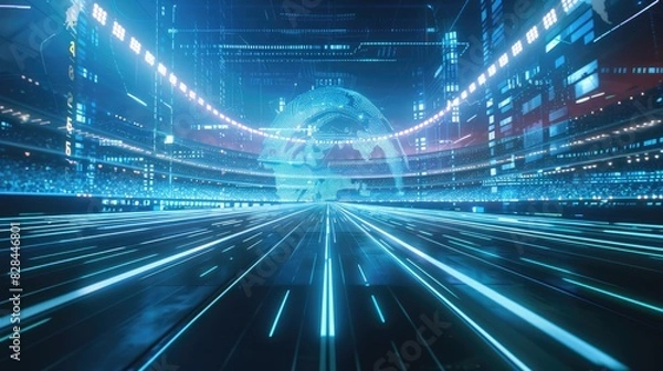 Fototapeta A futuristic city at night with a passing train. Ideal for technology and urban themes