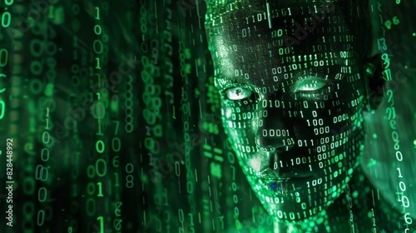 Fototapeta A human being made out of digital binary code, hologram themed, matrix background 
