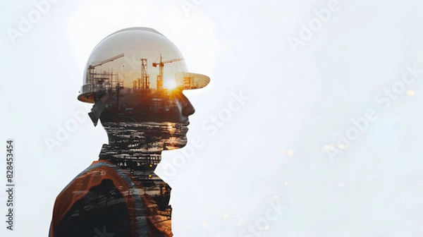 Obraz Double exposure of a handsome engineer in safety helmet back view with road construction site and machinery