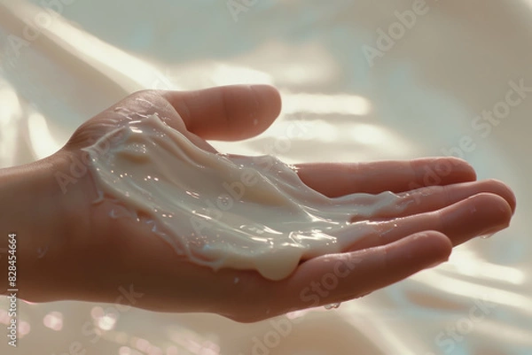 Fototapeta A hand holding a lotion with a white color
