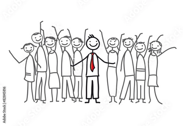 Fototapeta Stolzer Chef und Team - Büroarbeit mit Freude. Kreative Gruppe von Menschen im Arbeitsprozess, Karriere machen - erfolgreich sein. Motiviert und erfolgreich arbeiten. Frauenquote, Gleichberechtigung