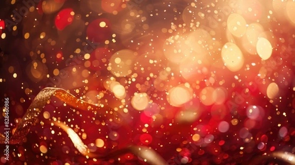 Fototapeta Shiny golden ribbon and confetti on background