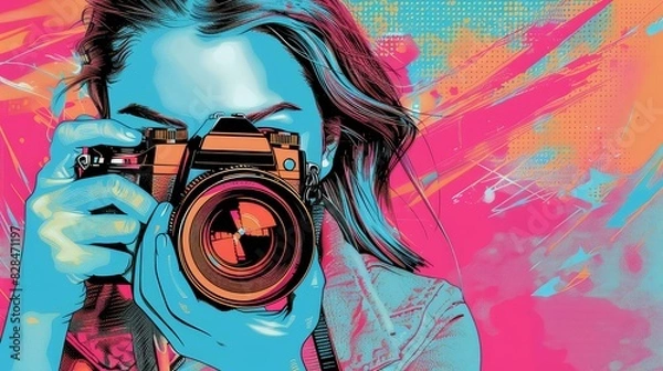 Fototapeta Stylish woman using a digital camera to capture high definition moments, creating engaging and dynamic high quality artwork.