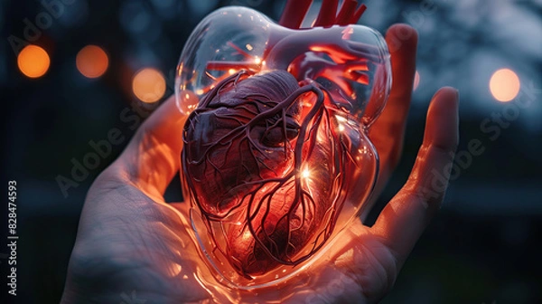 Fototapeta A transparent, glowing model of a heart on one hand