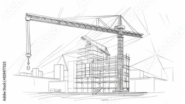 Fototapeta Architectural Sketch of Construction Site with Tower Crane and Building Framework