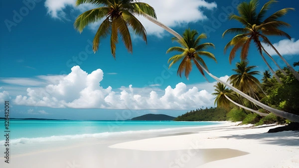 Fototapeta A pristine tropical beach with wood bed white sand and crystal-clear turquoise water. Palm trees line the shore, gently swaying in the breeze. The sky is bright blue with a few fluffy clouds,