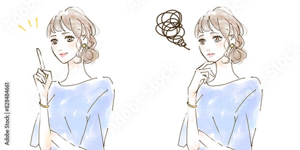 Obraz 明るい表情の女性と悲しい表情をした女性のイラストセット