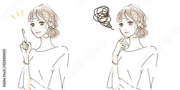 Obraz 女性のイラストセット　悩みと解決　before after シンプル