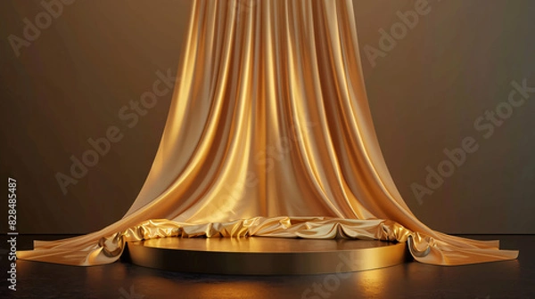 Fototapeta Podium gold fabric product background 3d luxury golden stage silk cloth abstract display. Fabric gold elegant premium podium platform beauty studio pedestal scene light design stand presentation black