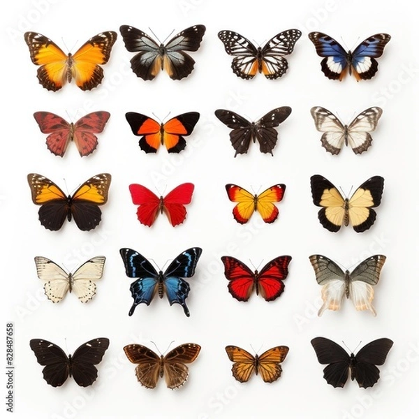 Fototapeta Collection of colorful butterflies with various patterns. on a white background