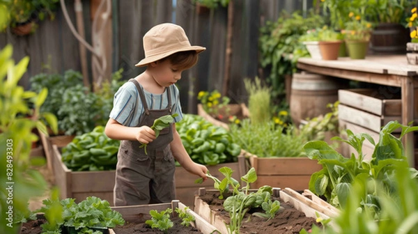 Fototapeta Kid in a garden experience and idea. preschool child helps to grow vegetables and plants in the garden. boy in brown overalls and a summer hat near the beds with lettuce leaves