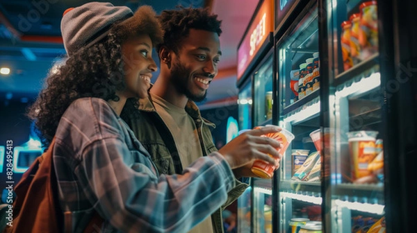 Obraz two people choosing snacks from a gas station drink fridge 