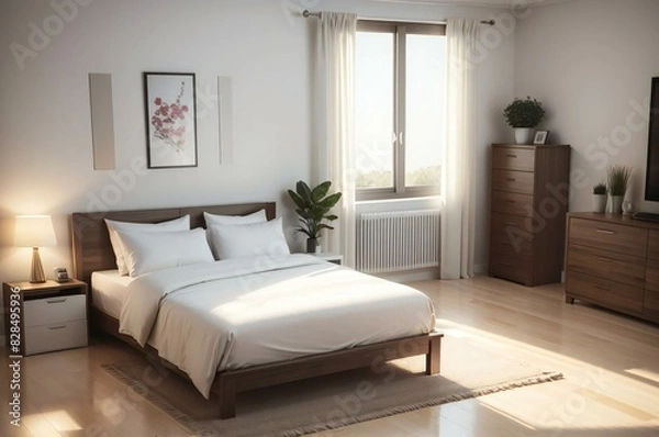 Obraz Cozy, modern bedroom bathed in warm sunrise light, featuring a neatly made bed, wooden furniture, and tasteful wall art