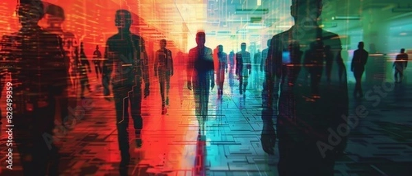 Fototapeta Abstract digital art depicting silhouettes of people in a vibrant and futuristic setting with powerful lighting effects and dynamic colors.