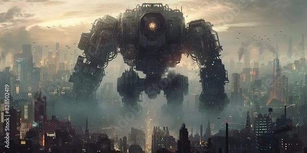 Fototapeta Giant robot towering over the city, portraying a futuristic scene of urban destruction 🤖🏙️ Captures the awe and devastation of advanced technology gone rogue. #FuturisticDestruction #UrbanApocalypse